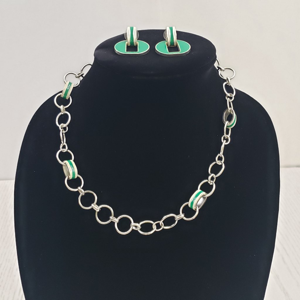 Chaps Silver Green White Enamel Necklace Earrings